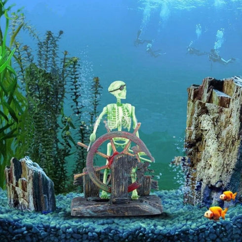Aquarium Pirate Captain Decoration, Skeleton Ornament for Landscape, Pirate Captain Skeleton on Wheel