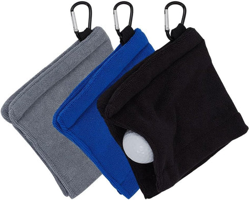 OLYCRAFT 3Pcs Golf Ball Towel with Clips, 5x5.5 Inch Small Dark Blue Black Gray Polyester Golf Towels