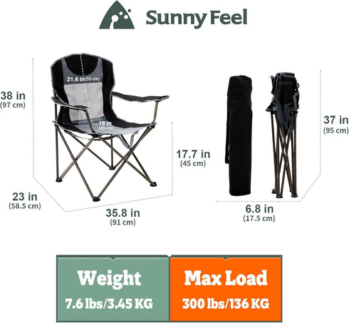 300 LBS, SUNNYFEEL Folding Oversized Camping Chair, Padded Portable Lawn Chairs for Adults Heavy Duty Folding Camp Quad