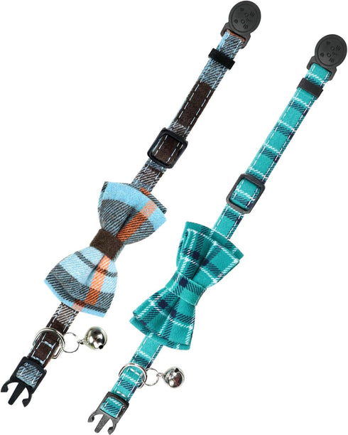Joytale Upgraded Cat Collar with Bow Tie, Breakaway Collars with Bells, 2 Pack Safety Plaid Kitten Collars, Haze