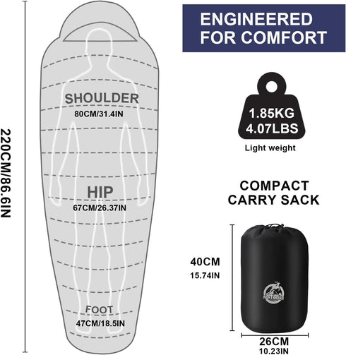 Mummy Sleeping Bag 14-59?, 3-4 Season Lightweight Washable for Outdoor Camping Hiking Travel