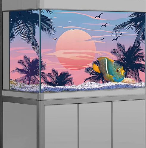 Watercolor Graffiti Hawaiian Beach Palm Tree Aquarium Background, 72X24IN, Anime Themed Crawling Terrarium Background