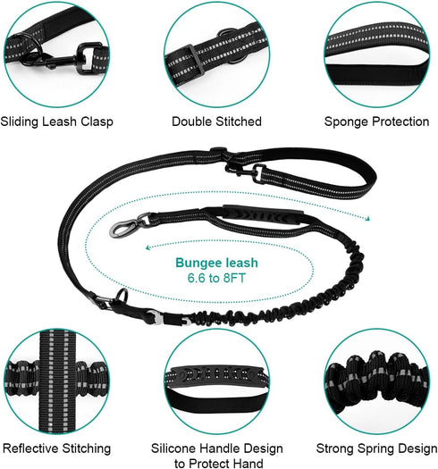 Philorn Heavy Duty Bungee Dog Leash, 6-7FT Tactical Adjustable Leash for Large Dogs with 2 Padded Traffic Handles, Black