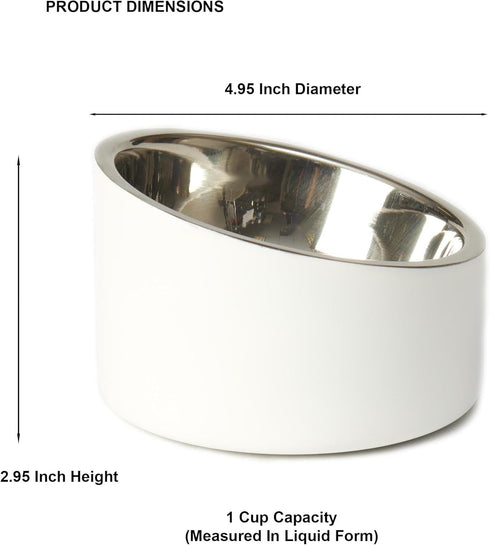 PetRageous 18438 Seychelles Stainless-Steel Slanted Dog Bowl | 1-Cup Capacity, 4.95-Inch Width, 2.95-Inch Height, White