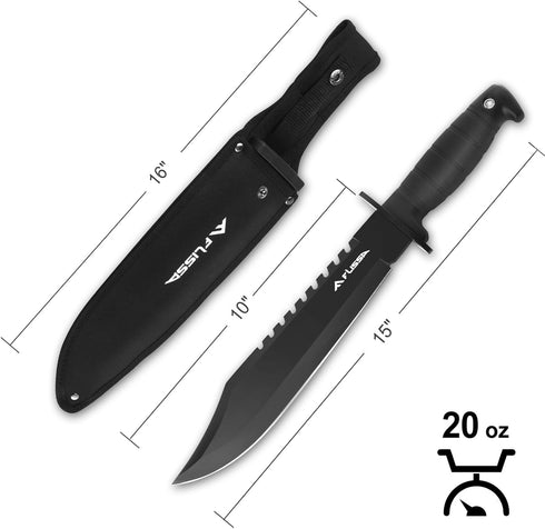FLISSA Survival Hunting Knife with Sheath, 15-inch Fixed Blade Tactical Bowie Knife with Sharpener & Fire Starter for Camping, Outdoor, Bushcraft by FLISSA