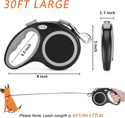 30 FT Retractable Dog Leash for Medium Large Dogs up to 77 lbs; Heavy Duty No Tangle, Large