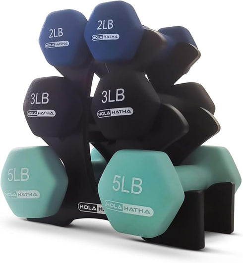 HolaHatha Neoprene Dumbbell Free Hand Weight Set with Rack, 2, 3, 5, 8, and 10 Pound for Home Exercises