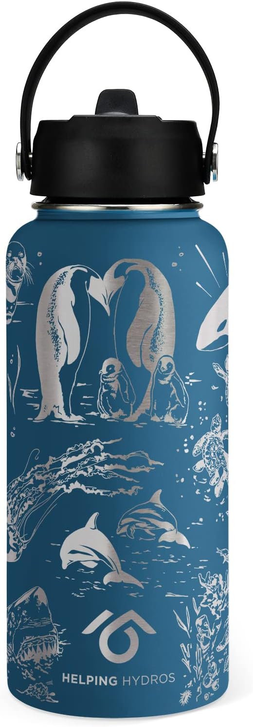 Oceans Water Bottle with Straw Lid | 32 oz Engraved Stainless Steel Insulated with Strap