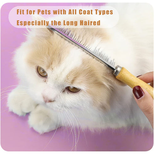 Dog Cat Comb Grooming Comb with Wooden Handle - Stainless Steel Teeth for Grooming Hairy Pets (Dual Teeth)