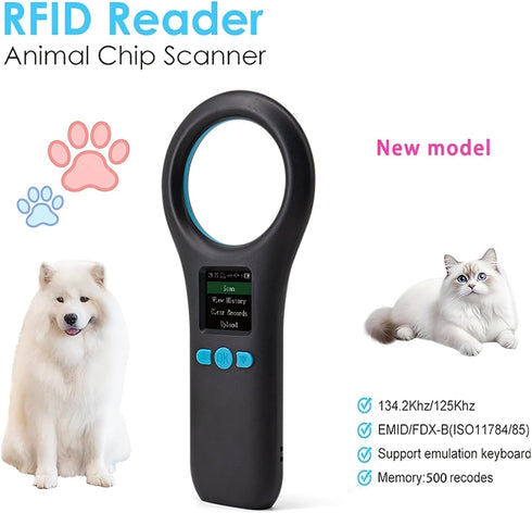 Treamvp ISO11784/85/FDX-B/EMID 134.2KHz/125KHz 500 Pet Microchip Scanner, Handheld Animal Micro Chip Reader