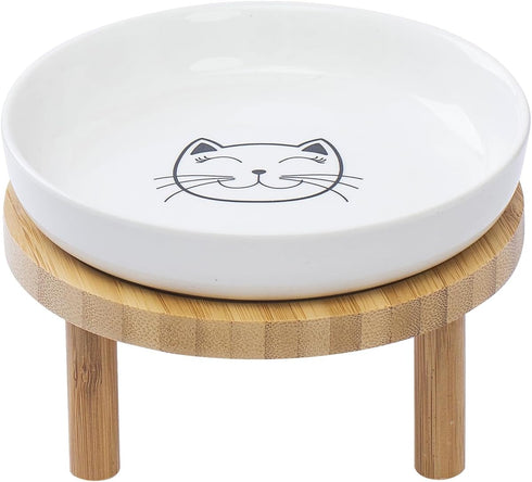 Shallow Elevated Cat Bowls, 5.9 Inch Wide Raised Ceramic Dishes with Bamboo Stand, Whisker Friendly Feeding Station,