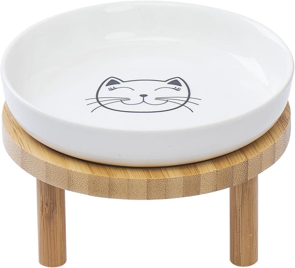 Shallow Elevated Cat Bowls, 5.9 Inch Wide Raised Ceramic Dishes with Bamboo Stand, Whisker Friendly Feeding Station,