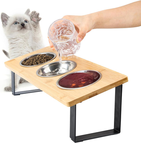Elevated Cat Bowls, 15° Tilted Stainless Steel Cat Bowls for Indoor Cats, Anti Vomit Bamboo Stand with 3 Feeder Bowls