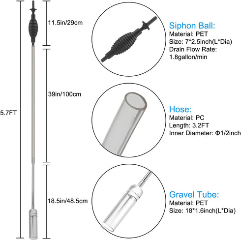 5.7FT Aquarium Siphon Vacuum Cleaner for Fish Tank Cleaning Gravel & Sand & Change The Water
