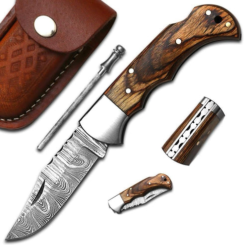 Handmade Damascus Pocket Knife, 6.5 Inches Folding Knife with Sheath, Brown, Best for EDC, Camping, Fishing