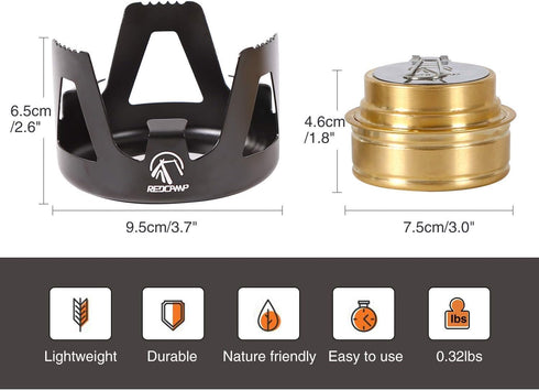 REDCAMP Mini Alcohol Stove for Backpacking - Lightweight Brass Spirit Burner with Aluminium Stand for Camping Hiking