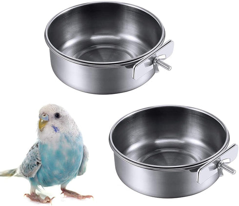 kathson 2 Pack Bird Feeding Dish Cups, Stainless Steel Parrot Feeders with Clamp Holder for Parakeet Cockatiels Conure