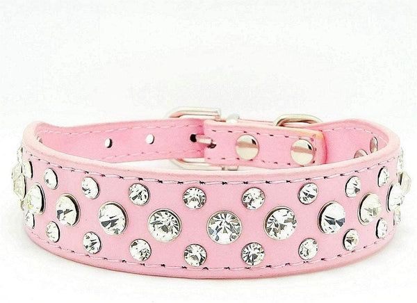 Rhinestone Dog Collar, Bling PU Leather Crystal Diamond Pet Collar, Black S M L XL (M fit 26-32CM, Pink)