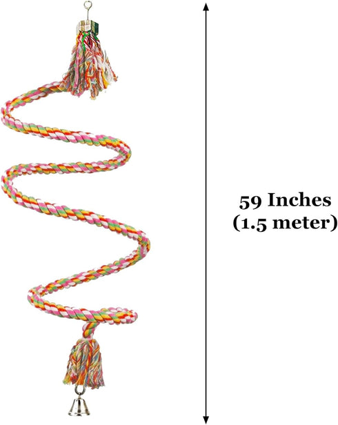 SunGrow Rope Perch for Parrots, 59” Long Bungee Bird Toy, Brightly Colored with Jingling Bell