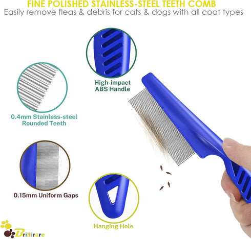 4 Pack Flea Lice Comb - Stainless Steel Dog Cat Grooming Combs with Rounded Teeth, Double Sided Professional Dematting