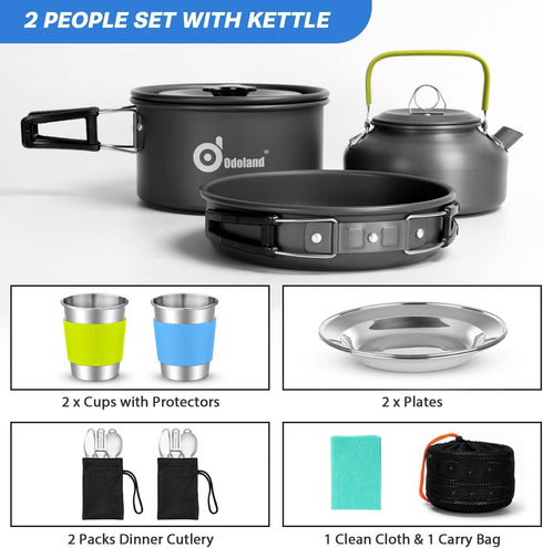 Odoland 15pcs Non-Stick Camping Cookware Mess Kit, Lightweight Pot Pan Kettle Set with Stainless Steel Cups Plates