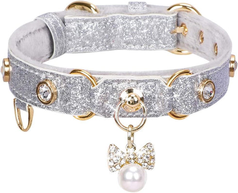 PetsHome Adjustable PU Leather Cat and Dog Collar with Bling Rhinestones, Luxury Pendant, Small Silvery for Big Cat and