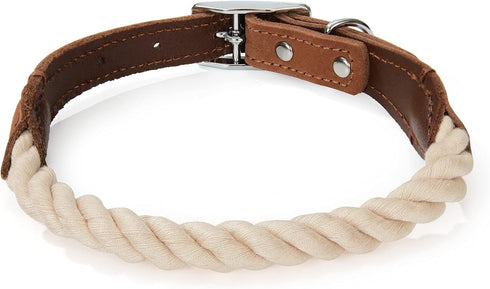 Mile High Life Rope Dog Collar | Durable Braided Cotton Rope Collars | Genuine Leather with Metal Pin Buckle (Beige)