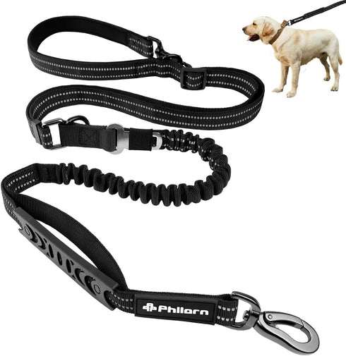 Philorn Heavy Duty Bungee Dog Leash, 6-7FT Tactical Adjustable Leash for Large Dogs with 2 Padded Traffic Handles, Black