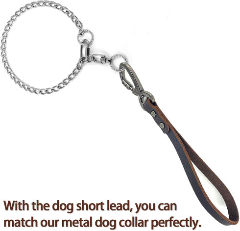 Genuine Leather Short Dog Lead, Heavy Duty Traffic Leash with Metal Hook, Handmade for Large Medium Dogs Training