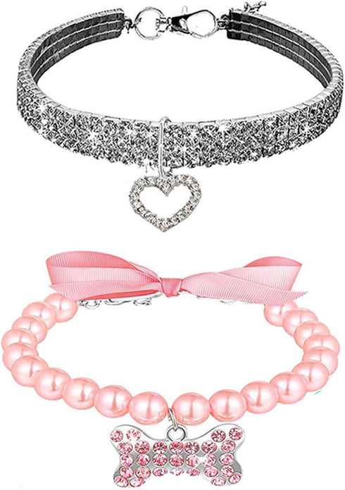 Rhinestones Dog Collar and Pearl Necklace Set, Adjustable Bling Full Diamond Collar for Small Cats and Puppies