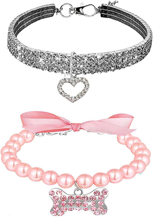 Rhinestones Dog Collar and Pearl Necklace Set, Adjustable Bling Full Diamond Collar for Small Cats and Puppies