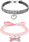 Rhinestones Dog Collar and Pearl Necklace Set, Adjustable Bling Full Diamond Collar for Small Cats and Puppies
