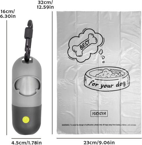 Dog Poop Bags Holder with LED Flashlight | Pet Waste Bags Dispenser for Leash | Grey and Black Container with 30 Bags