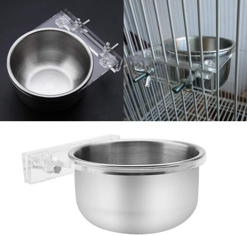 Stainless Steel Hanging Bowl Bird Food Feeding Dish, Water Seed Feeder with Screw Attachment for Bird Cage