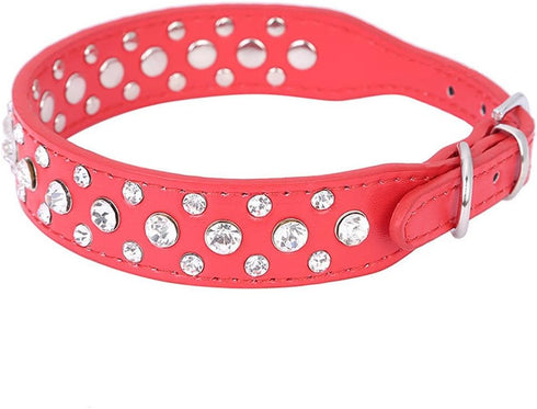 Dogs Kingdom Personalized Rhinestone Leather Bling Crystal Pet Collars for Small Medium Breeds, 12"-20" Length, Red