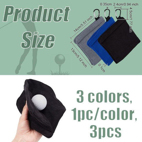 OLYCRAFT 3Pcs Golf Ball Towel with Clips, 5x5.5 Inch Small Dark Blue Black Gray Polyester Golf Towels