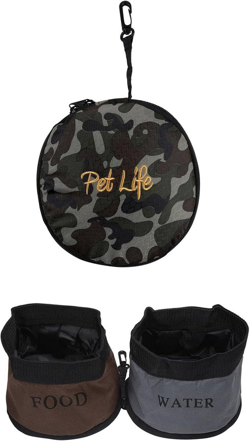 PET LIFE 'Dual Folding' Waterproof Food and Water Collapsible Folding Travel Pet Cat Dog Bowl Feeder Waterer Fountain, One Size, Camouflage