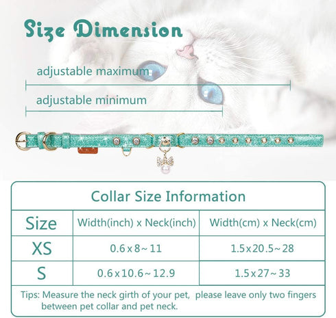PetsHome Adjustable Cat Dog Collar, Bling Rhinestones PU Leather with Luxury Pendant, Extra Small Mint Green