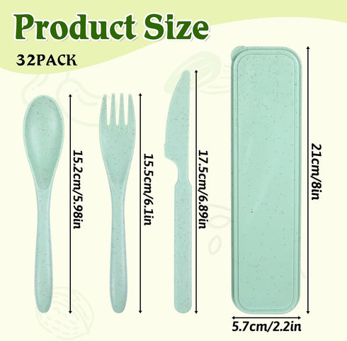 Lyksgir 32 Sets Set 8 Reusable Travel Utensils with Case, Portable Natural Wheat Straw Fork Spoons Knife Camping