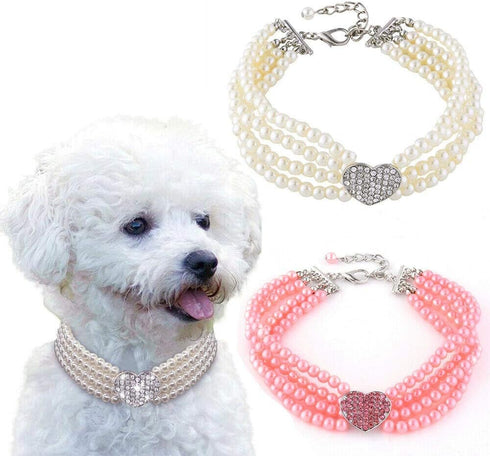 Dogs Kingdom 4 Rows Bling Rhinestone Heart Decor Collar Necklace, Dog Cat Pearls Necklace, White, M:10-12" Neck