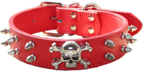 Spiked Leather Dog Collar - 2 Rows Bullet Rivets Studded PU Leather, Cool Skull Pet Accessories for Medium and Large