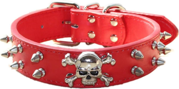Spiked Leather Dog Collar - 2 Rows Bullet Rivets Studded PU Leather, Cool Skull Pet Accessories for Medium and Large