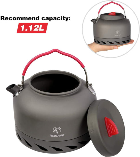 REDCAMP 1.4L Outdoor Camping Kettle with Heat Exchanger, Lightweight Aluminum Tea Kettle with Carrying Bag