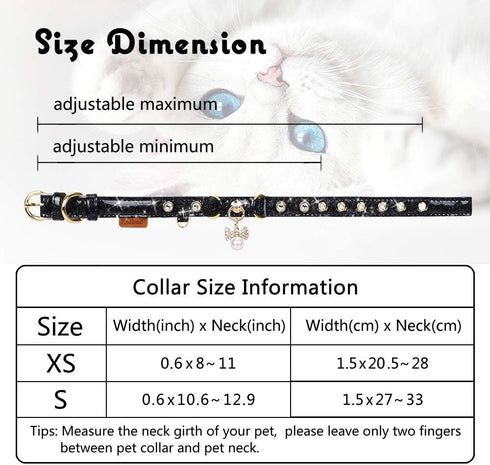 PetsHome Bling Rhinestones Cat Collar, PU Leather Adjustable Pet Collar with Luxury Pendant for Extra Small Dog and