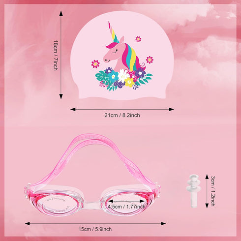 Geyoga 2 Set Swim Cap Kids Unicorn Silicone Waterproof, 2 Swim Caps with 2 Goggles for Kids at Beach Pool