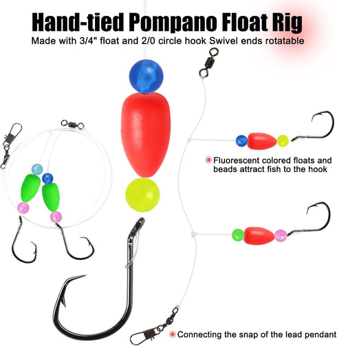 Pompano Rigs for Surf Fishing Saltwater Pre-Rigged Fishing Rigs with Floats Beads Double Circle Hook Surf Fishing Tackle 12/15PCS by CWSDXM