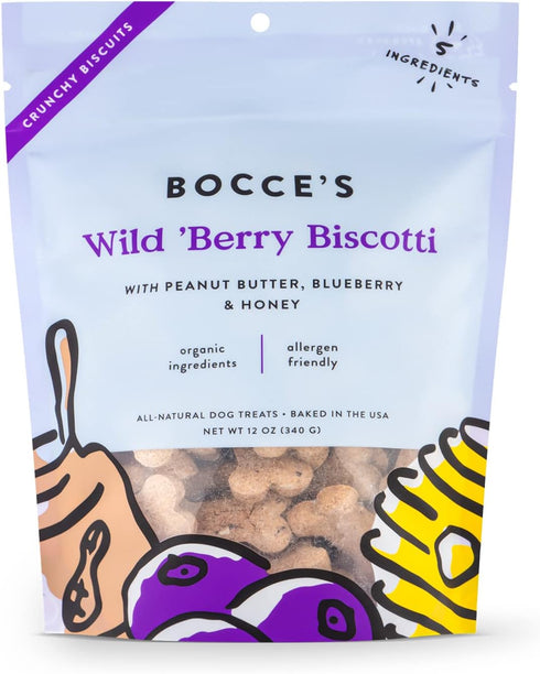 Bocce's Bakery All-Natural, Small Batch Organic Dog Treats - Wild 'Berry Biscotti Biscuits, 12 oz Bag
