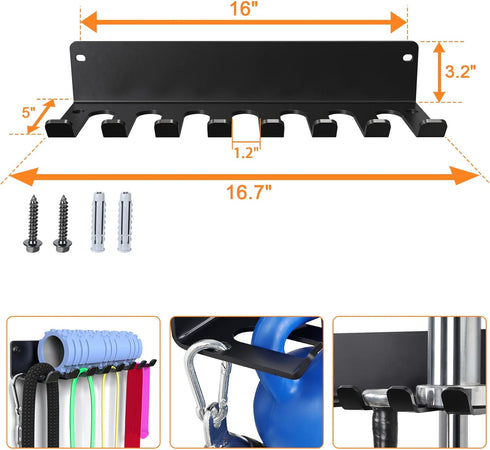 Gym Rack Organizer - Wall Mount Hooks for Olympic Barbells, Row Handles, Bats, Tools (E-Book Instruction Included)