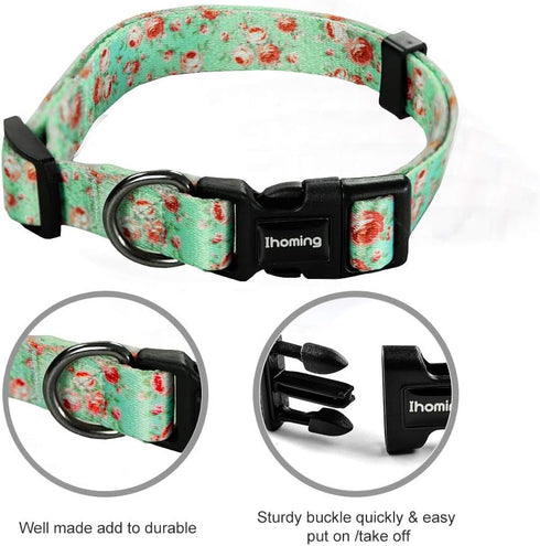 Ihoming Dog Collar and Leash Set, Floral GreenLake Design for Large Dogs Cats, Daily Outdoor Walking Training, L-Up to