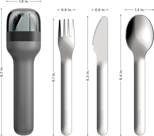 ZOKU Pocket Utensil Set - Charcoal Stainless Steel Fork, Knife & Spoon Nest in Hygienic Case for Travel